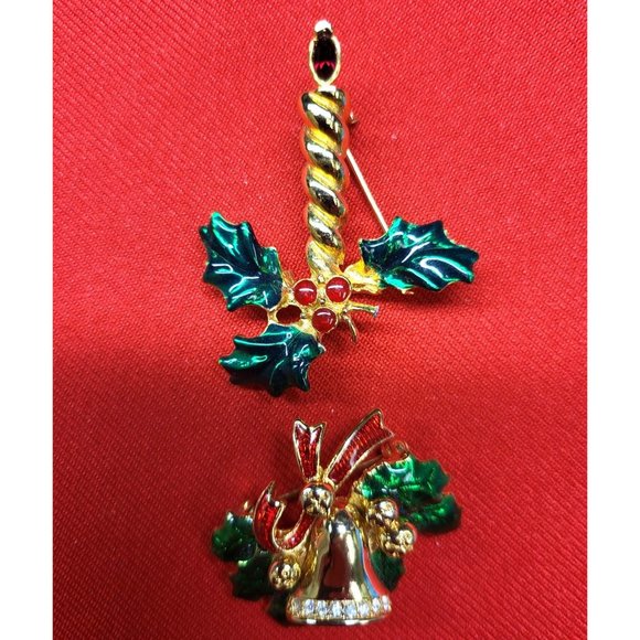 Christmas Pins/ Brooch Set of 2 Christmas Holly Berry marked "AK" & Holly Leaf B - Picture 4 of 10